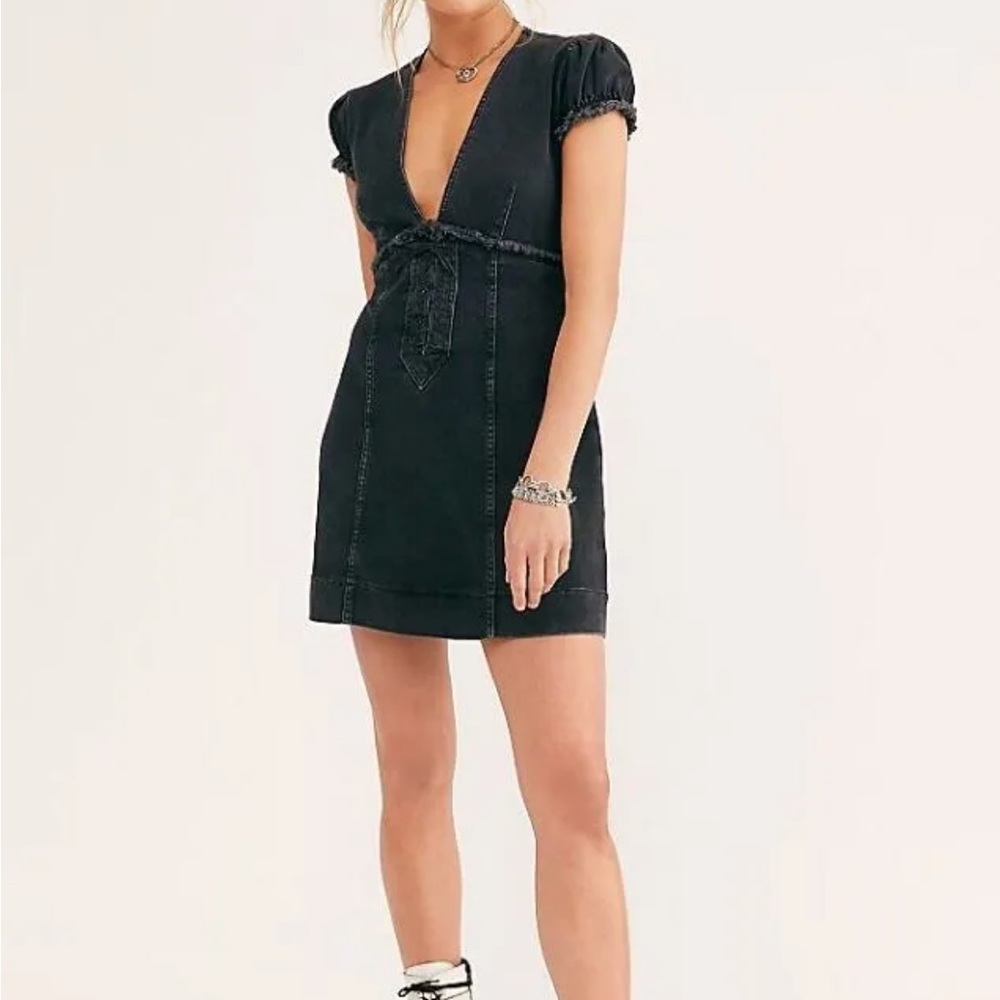 FREE PEOPLE Black Washed Denim Grunge Mini Dress NWT XS